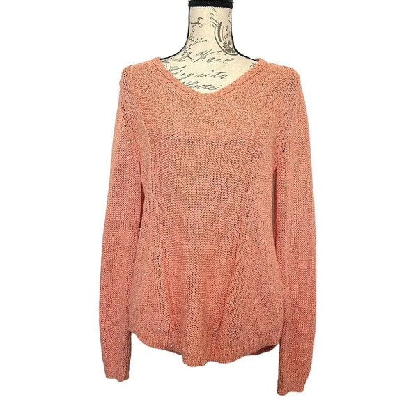 Chico’s Sequin Shine Samantha Sweater V-Neck Size 1 Medium Peach Orange - Picture 1 of 7